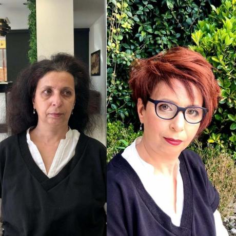 Asymetrický střih Deep Side Part s rovnými vlasy pro ženy nad 60 let s brýlemi