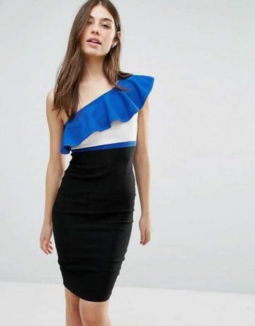 Sukienka ołówkowa na jedno ramię Vesper z kontrastową falbanką