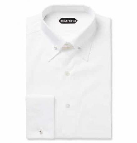 Camisa branca slim-fit com gola dupla de algodão e popeline