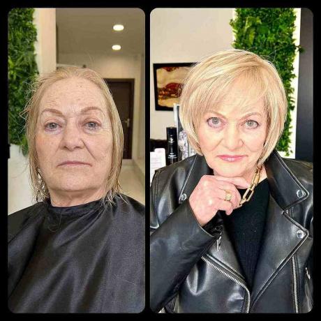 Krátky blond Bob pre ženy nad 60 rokov s rednúcimi vlasmi