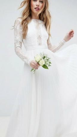 Asos Edition Long Sleeve Lace Bodice Maxi საქორწილო კაბა პლეიტიანი ქვედაკაბით