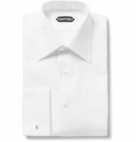 Бела памучна смокинг мајица са двоструким манжетама и танким стилом са предње стране