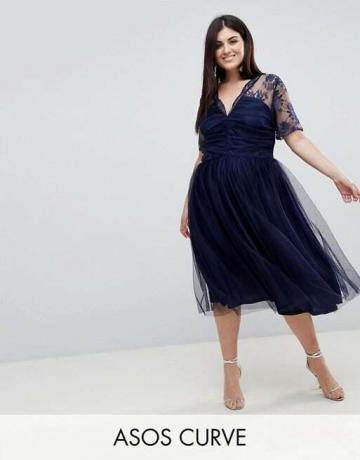 주름 장식이 있는 아소스 커브 레이스 탑 미디 드레스