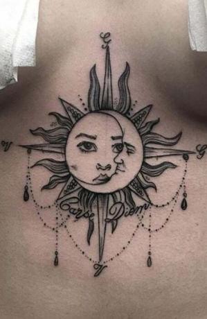 Tetovanie hrudnej kosti Slnka a Mesiaca 