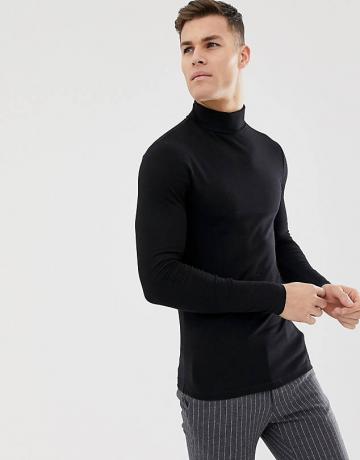 Asos Design Organic Muscle Fit Roll Neck Long Sleeve T -Shirt With Stretch in Black