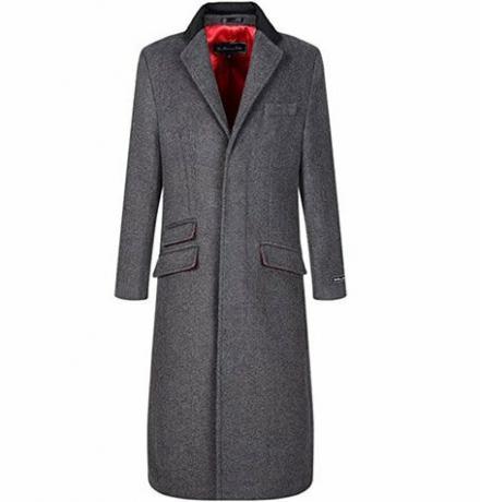 Pánsky šedý vlnený a kašmírový kabát Platinum Tailor teplý zimný mod Cromby kabát so zamatovým golierom a červenou saténovou podšívkou
