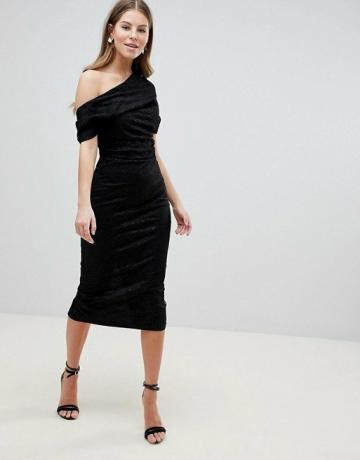 Asos 디자인 플리츠 숄더 레이스 미디 드레스
