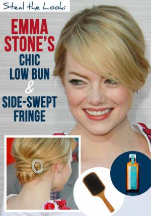 세련된 Emma Stone Hair: Emma의 낮은 롤빵, 측면 스윕 프린지를 얻는 방법