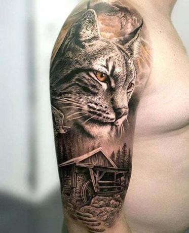 Tatuaż kota z pół rękawa