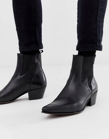 Asos Design Stacked Heel Western Chelsea Boots ในหนังสีดำพร้อมรายละเอียดฟ้าผ่า
