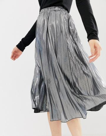 Qed London Pleated Metallic Midi Skirt