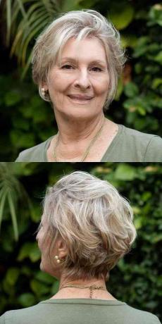 Pitkä pixie-leikkaus aaltoileville hiuksille yli 70-vuotiaille naisille