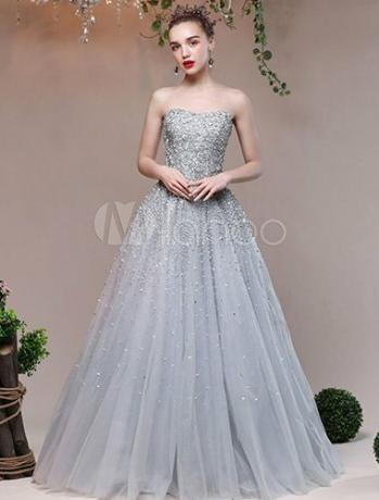 ძვირადღირებული გამოსაშვები კაბები Long Beading Sequins Strapless Silver Tulle Floor Length Formal Party Dresses