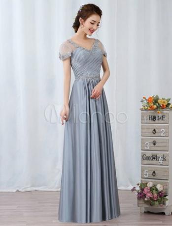 ვერცხლისფერი საღამოს კაბები Maxi Lace Applique Beaded Short Sleeve Pleated Long Wedding Guest Dress