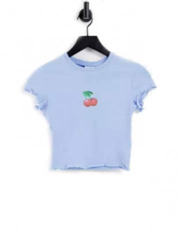 Weekday – Viola – Kurz geschnittenes T-Shirt aus Bio-Baumwolle mit Salatrand in Hellblau